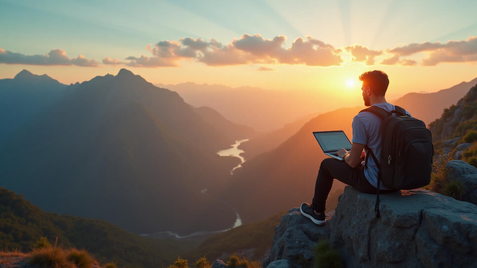 Digital nomad overlooking mountain landscape